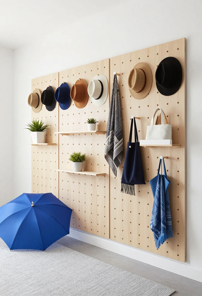 Wide, straight-on shot of a full-height birch pegboard wall system in Scandi style. Adjustable pegs and mini shelves holding hats, scarves, totes, and a tiny planter. Palette: pale birch wood, white metal accessories, soft gray flatweave rug underfoot. One bold accent: a cobalt umbrella that pops against the neutrals. Bright, airy minimalism with even natural light, photorealistic.