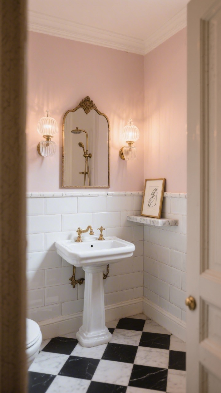 Wide straight-on shot of a Parisian petite bath: small-scale black-and-white checkerboard floor tile, glossy white subway tile wainscot with matching trim rail, dusty blush paint above; petite porcelain pedestal sink, antique-style brass mirror, fluted glass sconces; marble corner shower shelf with a petite framed sketch leaning on it; chic, softly warm lighting evoking a Paris flat.