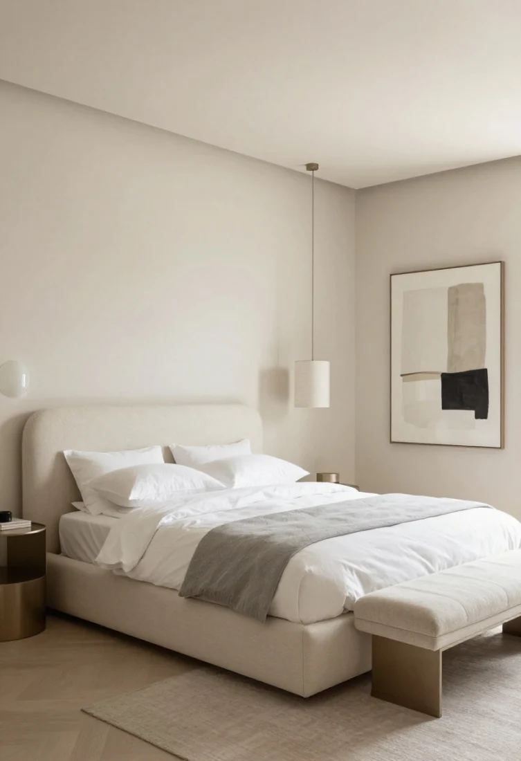 Wide, straight-on shot of a small “Cloud-Layer Minimalism” bedroom in creamy neutrals: matte soft-ivory walls with a subtly lighter ceiling, a low sculptural boucle-upholstered platform bed dressed in hotel-lofty down duvets and double-stacked pillows in cloud white, whisper-gray accents, petite alabaster/opal-glass sconces washing a gently curved upholstered wall panel as headboard, a floating linen drum pendant like a halo, slender open nightstands, a narrow nubby-wool bench, and a slim satin-brushed metal-framed mirror bouncing light; one oversized tonal abstract art piece, satin/brushed hardware, layered whites and rich textures; polished, luxury editorial styling, soft diffused lighting, no people.