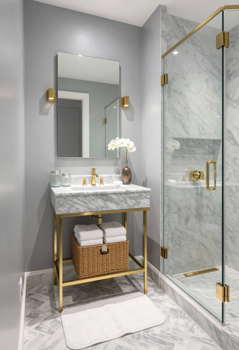 Wide, straight-on shot of a small “Marble-and-Brass Jewel Box” bathroom: soft dove gray high-gloss walls, a slim console vanity with open lower shelf holding a woven basket of folded white towels, gray-and-white marble vanity top, brushed brass hardware, frameless beveled mirror flanked by petite brass picture lights. Floor in herringbone marble mosaic. Clear glass shower panel with brass linear drain, marble niche trimmed in brass. Accents: ribbed glass canisters, single orchid stem in a bud vase, plush white bath mat with piped edges. Photorealistic, bright boutique-spa lighting reflecting off marble, brass, and glass.