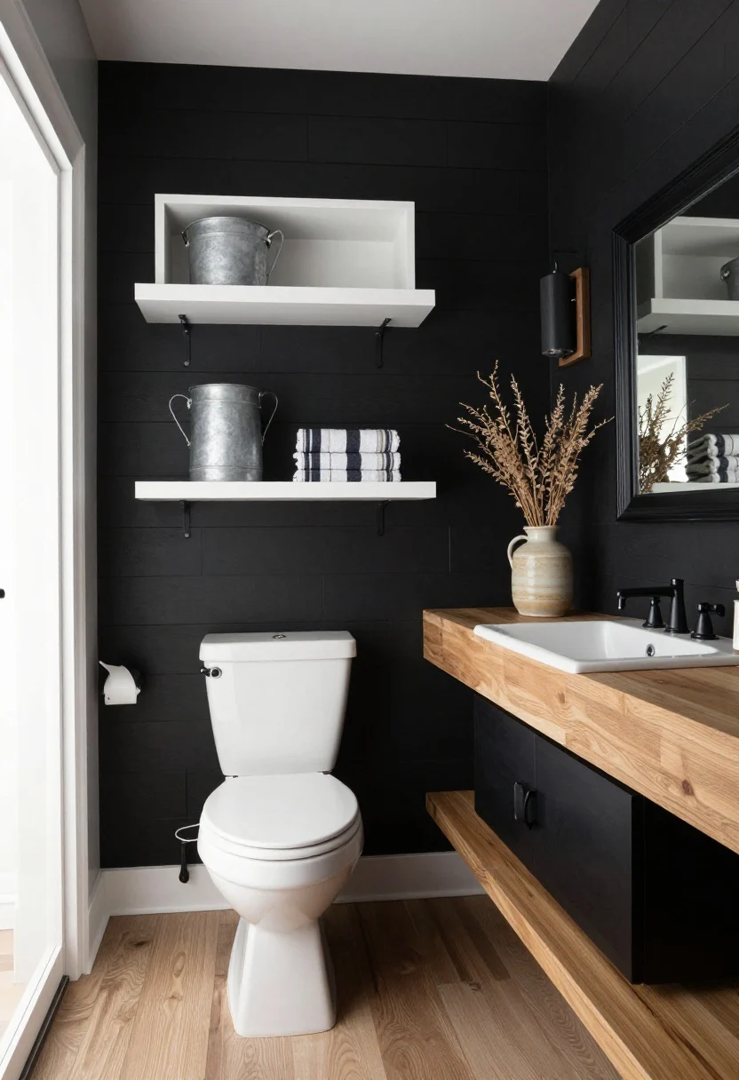 Wide straight-on shot of graphic modern farmhouse: black shiplap accent wall behind the toilet, two white box shelves floating in bold contrast, styled with galvanized bins, a ceramic jug of dried stems, and stacked striped hand towels. Include a warm oak vanity, chunky black-framed square mirror, matte black hardware, and a barn-style sconce; crisp lighting that keeps lines sharp and modern.