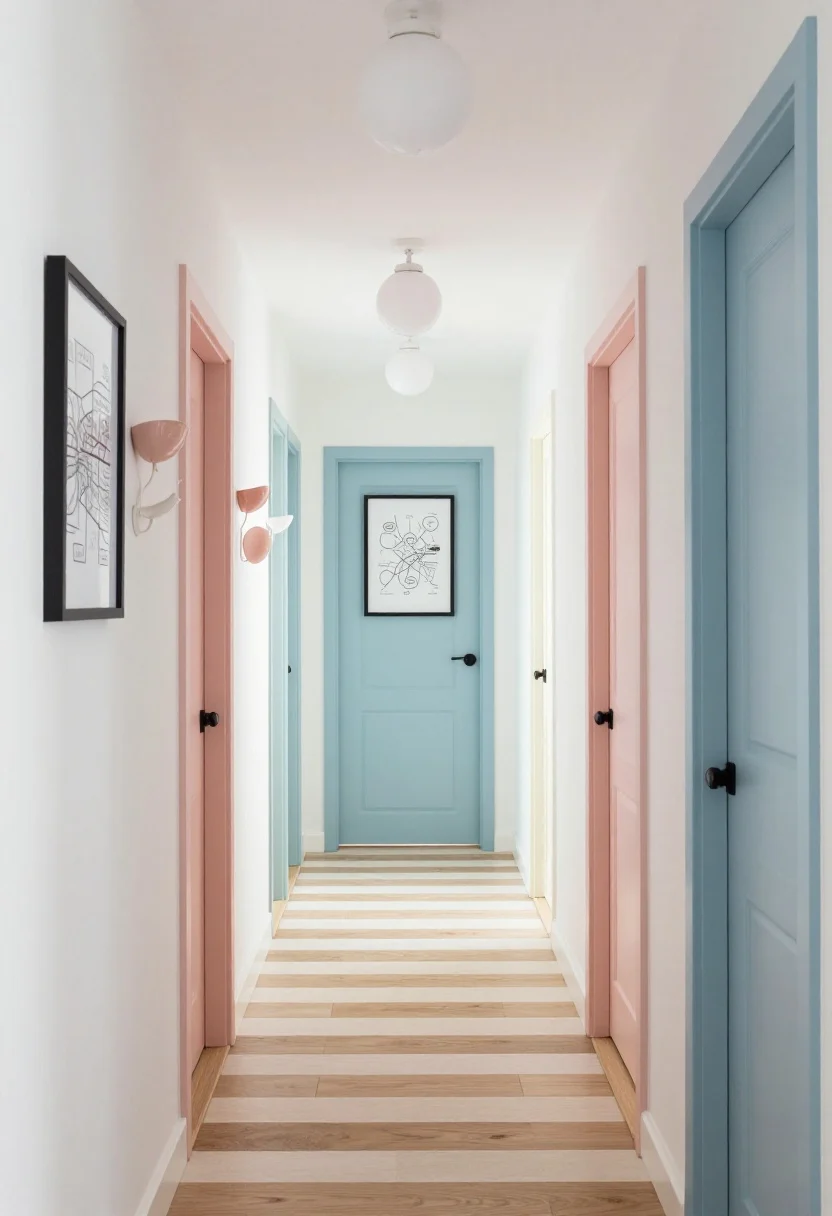 Wide, straight-on shot of playful pastel hallway: clean white walls, multiple interior doors each painted a different soft pastel—dusty blue, blush, sage, buttercream—creating a cheerful spectrum; natural oak shoe cabinet along one wall; matte white globe lights overhead; striped cotton runner in coordinating hues; black-framed typographic art/map print to ground the sweetness; color-coordinated hooks and pastel ceramic bowls as accents; finishes: pastel enamel, light oak, matte white.