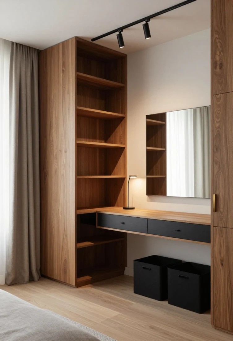 Wide studio shot from a corner angle showing both zones: A convertible studio layout with a slender 14-inch-deep smoked oak veneer storage partition floating a few inches off the floor and shy of the ceiling—open shelving on the living side, closed cupboards on the bedroom side—maintaining light and permeability. A ceiling track carries elegant full-length linen drapery that sweeps around the bed to create a nighttime cocoon. At the bed’s foot, a shallow wall-mounted fold-down desk sits over a concealed drawer bank with matte black pulls; a frameless mirror above doubles as vanity and bounces light. Include underbed rolling bins hidden by a tailored skirt, track spots aimed at art, a slim desk task light, and low-glow bed rail LEDs; unify with warm white walls and repeated matte black and warm brass metals for a luxe, editorial finish.