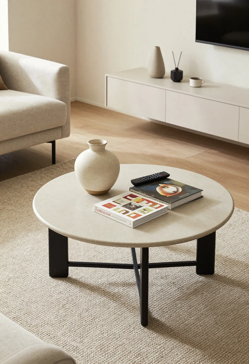 Closeup instructional detail: an overhead view of a tight-layout coffee table vignette showing a small round table styled with a ceramic vase, a couple of art books, and a remote, set on a flatweave rug; in frame edges, hints of apartment-size sofa legs raised off the floor and a wall-mounted floating console; soft, directional light highlighting textures and clutter-free surfaces.