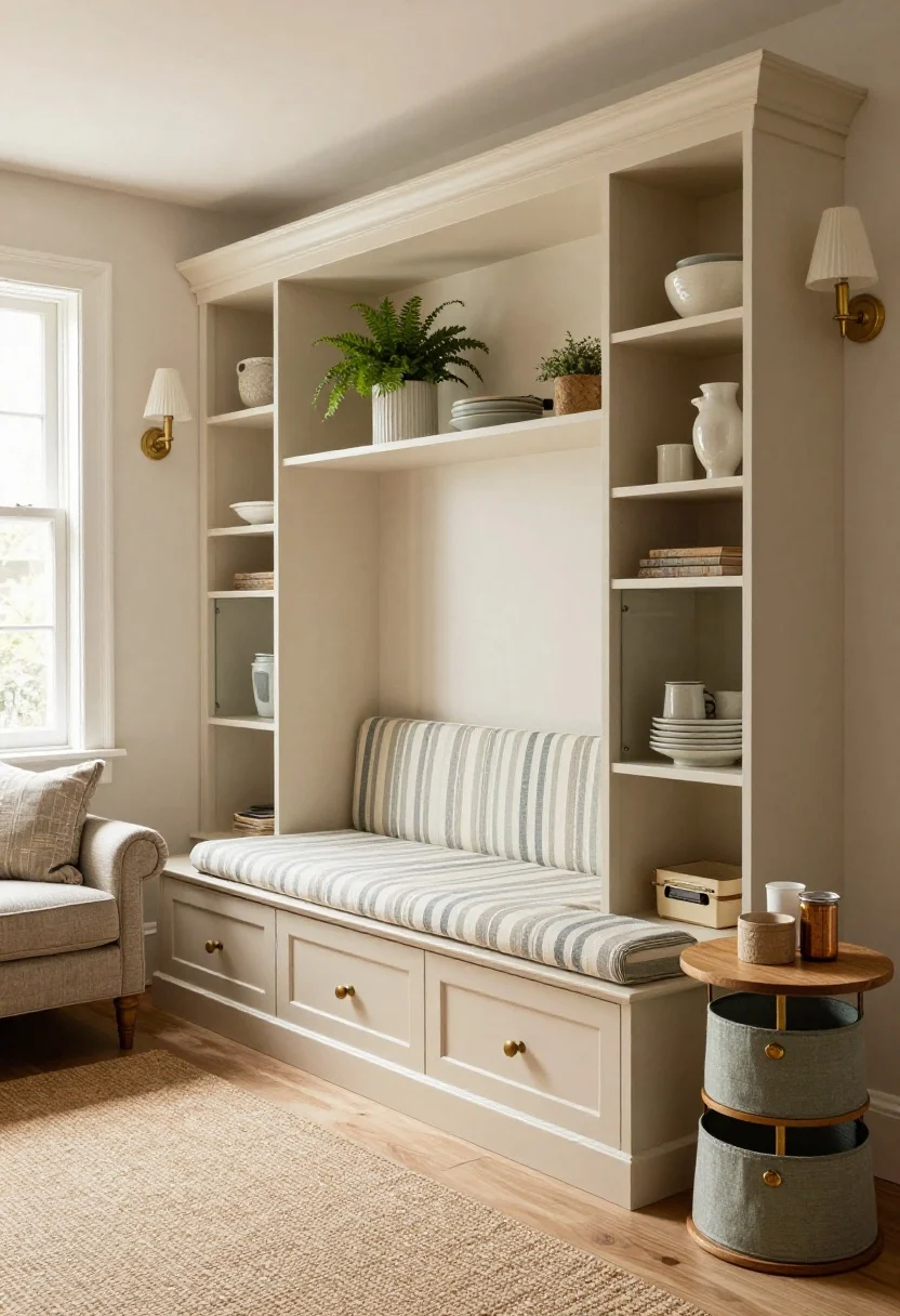 Cozy, angled medium shot of a cottage window seat wall: warm ivory built-in with a ticking-stripe cushion; deep drawers beneath the seat pulled open slightly to show throws; flanking curio cube towers mixing open shelves and glass-front sections—styled botanicals and ceramics up top, hidden storage below; opposite, glimpse of a petite rolled-arm loveseat and a round skirted side table concealing a three-tier organizer under the fabric; soft sage accents, natural oak details, antique brass hardware; gentle daylight and pleated sconce shades; braided jute rug underfoot.