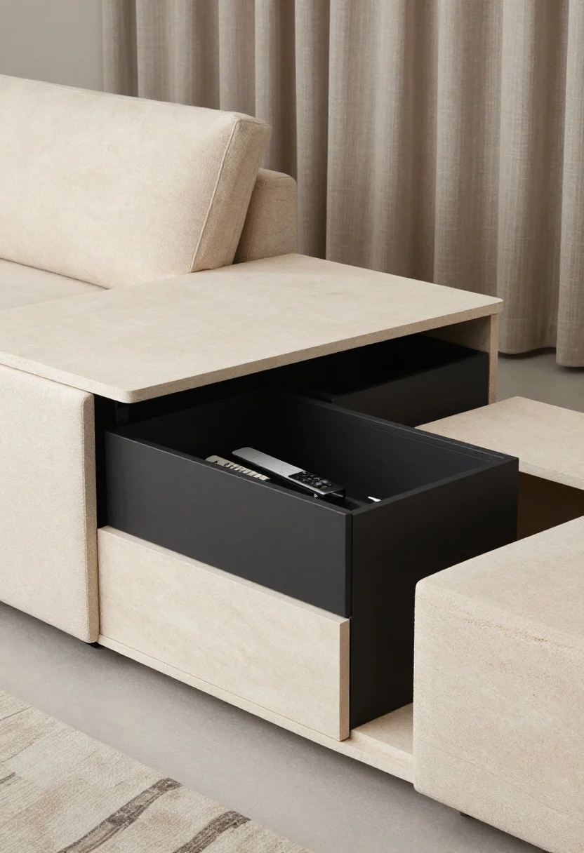 Detail closeup focusing on Monochrome Minimal storage: the stone microfiber panel-leg sofa perched on a custom platform plinth extending 12 inches beyond the seat; the plinth lid lifted to reveal shallow bins holding remotes and notebooks; nearby, a matte black media niche with perfectly flush doors; one cube side table with its lid removed to show internal storage; palette of stone, graphite, matte black, soft taupe; tonal abstract rug and linen blinds blurred in background; soft, even lighting emphasizing clean lines and textures.