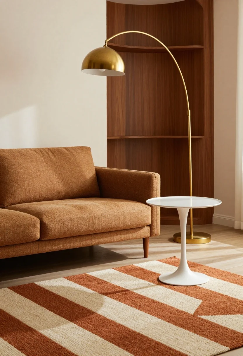Detail closeup of mid-century micro lounge elements: the leggy profile of an apartment-size sofa with tapered wooden legs hovering over a geometric flatweave rug in warm rust and cream; a pair of tiny white tulip side tables flanking the sofa as drink perches; a brass arc floor lamp arcing overhead; a walnut wall shelf with rounded corners visible in the background; warm afternoon light accentuating textures.