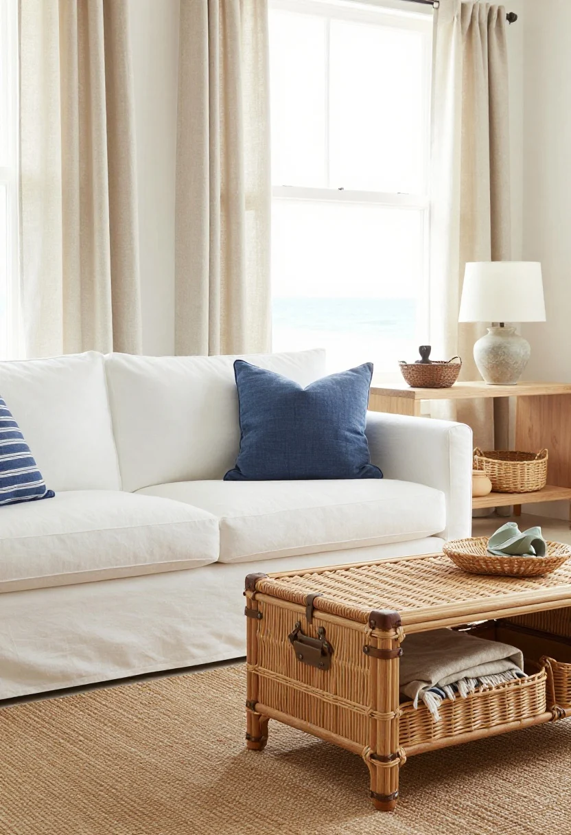 Medium coastal compact scene: a crisp white slipcovered loveseat paired with a rattan storage trunk coffee table (lid slightly ajar with blankets visible); striped indigo pillows, a jute-and-cotton blend rug, and a light oak console behind the sofa with baskets and a ceramic lamp; linen curtains hung high and wide framing a bright window; breezy, sunlit atmosphere, no kitsch.