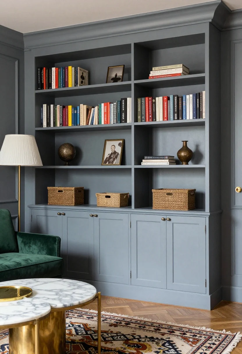Medium, corner-angle view of a Parisian-inspired built-in: a floor-to-ceiling bookcase painted the same soft greige (or moody blue-gray) as the walls; the upper two-thirds styled with art and books, while the bottom third features camouflaged shallow-shaker cabinet doors with hidden pulls; lidded baskets on lower open shelves; nearby, a petite forest green velvet loveseat and a marble-topped nesting coffee table set partially separated; brass accents, a gilded mirror, a pleated lampshade, and a patterned kilim rug; warm ambient light with subtle highlights on brass.