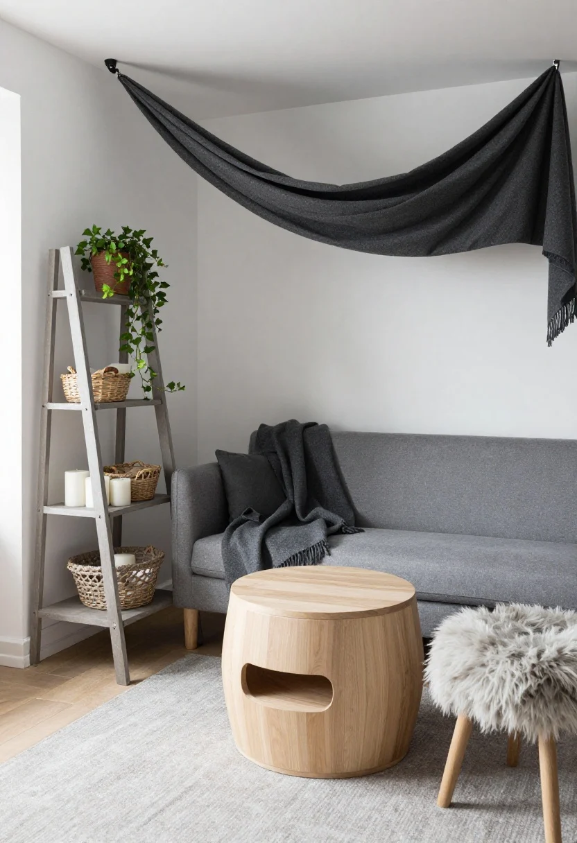 Medium shot of a New Nordic nook: a skinny-arm pebble gray sofa beside a leaning ladder-style shelf holding baskets, candles, and trailing ivy; a light oak drum coffee table with hidden storage at center; a charcoal wool throw draped for soft contrast; a plug-in pendant swagged into the corner overhead; a shearling accent stool tucked neatly; soft natural daylight, gentle graphite accents.
