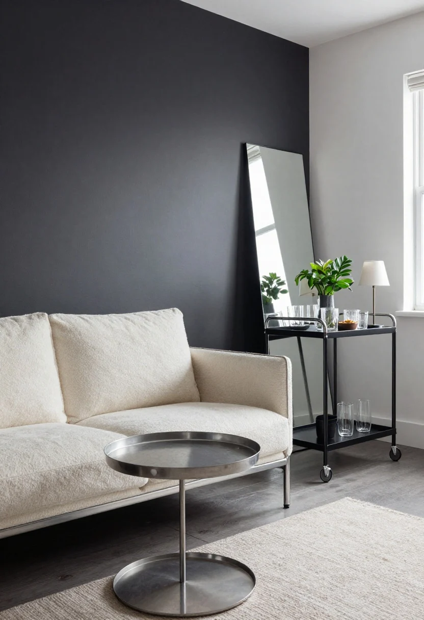 Medium shot of industrial soft-edge mix: a steel-framed loveseat with creamy bouclé cushions; a round metal folding tray table in front; a rolling bar cart parked against a wall styled with glassware, a plant, and a small lamp; one accent wall painted charcoal to recede visually; a leaning floor mirror reflecting window light; balanced, softened industrial palette.