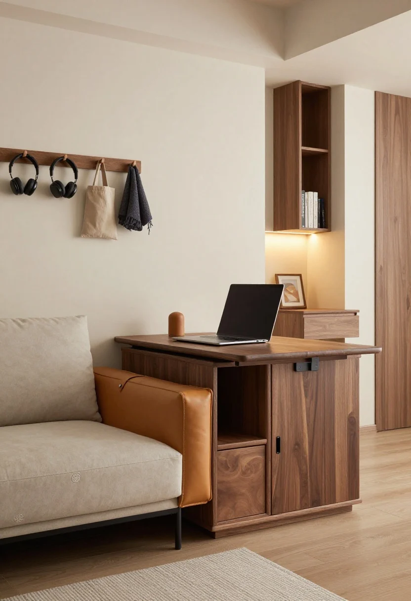 Medium shot of warm modern multipurpose zone: a sleeper loveseat in neutral upholstery, a walnut-toned lift-top coffee table raised to laptop height revealing hidden cubbies; camel leather accent cushions for warmth; a wall-mounted rail of peg hooks behind the sofa holding headphones, totes, and a throw; a low, wide bookshelf doubling as a media stand; cozy evening task lighting.