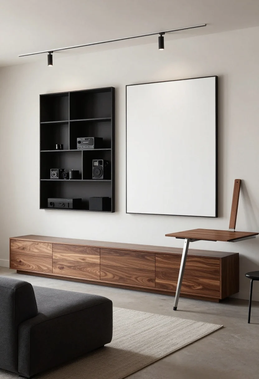 Medium shot, straight-on of an Urban Gallery wall: a track-mounted gallery rail with two oversized sliding art panels—one partially open to reveal shallow shelving with media gear, the other closed; below, a wall-to-wall drawer-front bench with deep drawers; an armless compact charcoal sofa in the foreground; to the side, a slim wall-mounted fold-down desk in walnut, shown folded up; palette of charcoal, crisp white, walnut, and brushed steel; linear sconces provide crisp, directional lighting; low-pile rug grounds the scene.