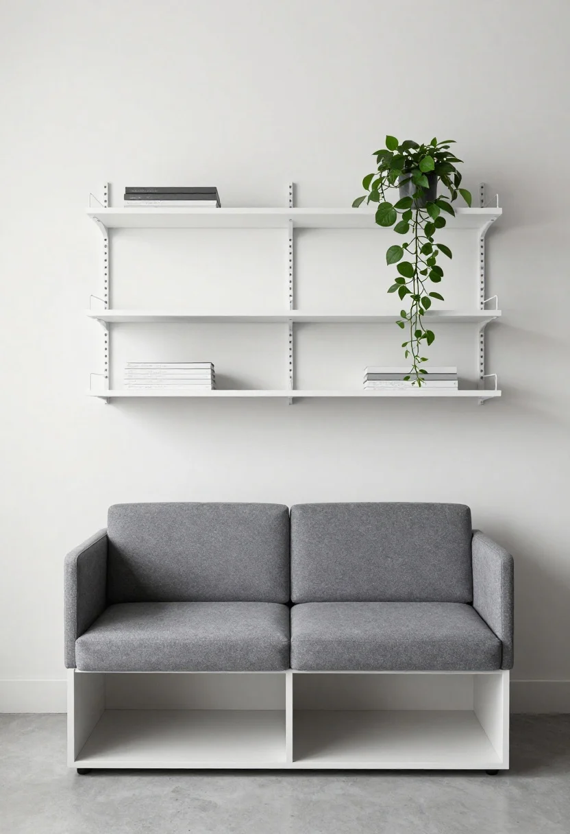Overhead detail shot of a modular minimalist setup: two armless cube sections forming a modular loveseat with track-arm silhouette, slightly separated to suggest rearrangement; a wall-mounted rail shelving system with slim shelves displaying monochrome accessories (charcoal, white) and a single trailing green plant; a compact folding side table partially tucked under the sofa; crisp, neutral palette and clean lines.