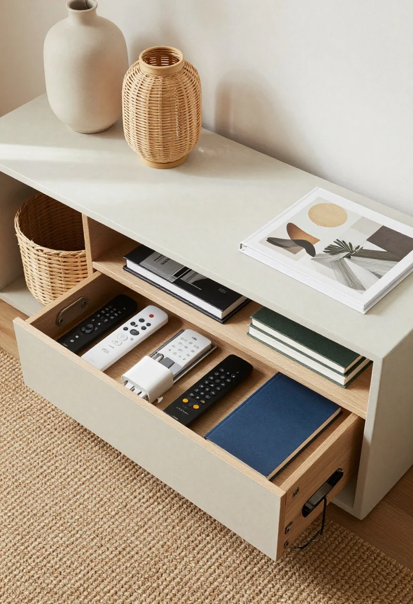 Overhead detail shot of a styled lift-top or nesting coffee table vignette for small spaces: lid partially raised to reveal neatly arranged storage (remotes, chargers, notebooks); surface styled with a matte ceramic vase, a small rattan lantern, and an art book; jute or low-pile rug texture visible below; neutral palette tying in repeated metals and 2–3 coordinated basket styles; cable route discreetly planned with a hidden grommet; soft natural light highlights textures without harsh shadows.