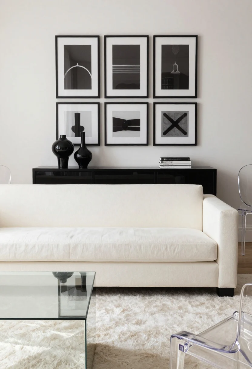 Straight-on medium shot of monochrome luxe: an ivory tuxedo sofa over an ivory shag rug; a mirrored cube coffee table reflecting light and surroundings; a black lacquer console on the back wall styled with sculptural vases and a single neat art book stack; black-framed art in a tidy grid above; pair of clear acrylic side chairs flanking the scene; dramatic black-and-ivory contrast with crisp lighting.