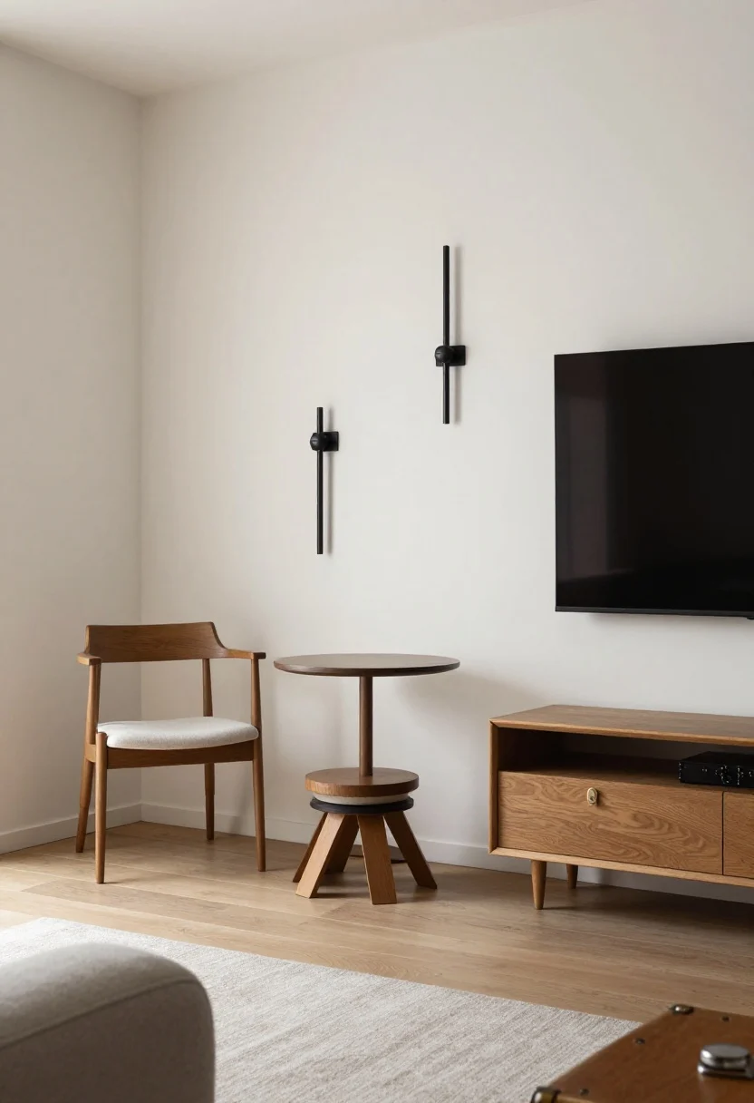 Wide, airy concluding scene synthesizing small-space principles: slim-profile seating with raised legs floating a few inches off the wall, round nesting tables for flexible surfaces, vertical lighting via plug-in sconces, and closed storage like a drum table and trunk; cohesive tight color palette repeated at least three times; TV on a swing arm to serve multiple zones; balanced natural and artificial light.
