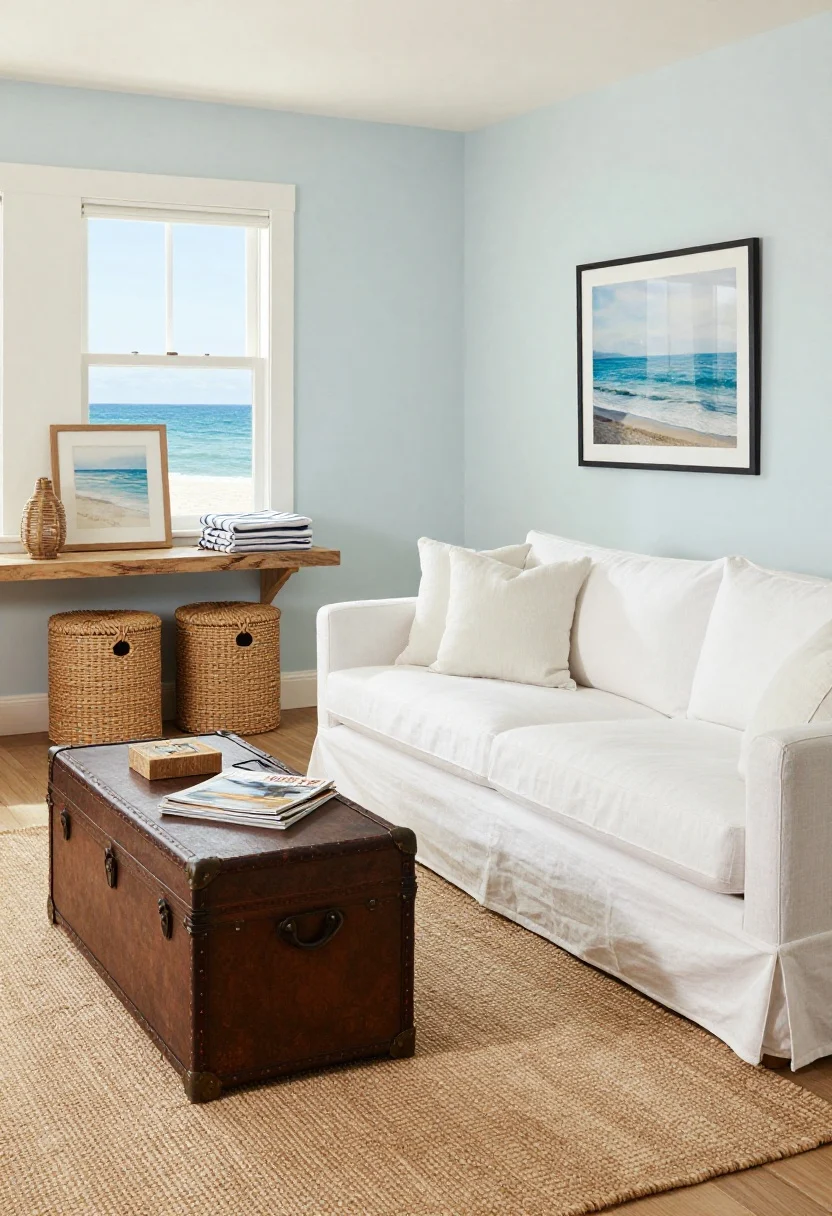 Wide coastal living room scene with beachy ease: a slipcovered sofa in crisp performance linen with under-seat storage hinted by a lifted cushion edge; a vintage-look trunk coffee table open slightly to reveal magazines and spare cords; pale sky walls, sand-toned jute rug; woven lidded baskets neatly slid beneath an airy console table; a pair of strap-lidded ottomans tucked under a window; framed seascape print, striped throw, and rattan lanterns; weathered wood accents; bright natural daylight with soft shadows, clean chalk white and soft blue palette.