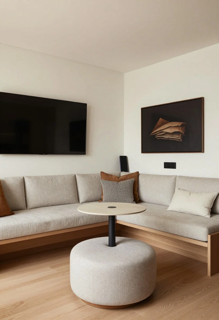 Wide corner view of a built-in L-shaped banquette with lift-up seat storage, topped with high-density performance fabric cushions and layered scatter pillows; a small round pedestal table in front with a petite round ottoman slid beneath; opposite wall features a thin media panel with a wall-hung TV and a floating console for devices; balanced task lighting and cozy, efficient layout.