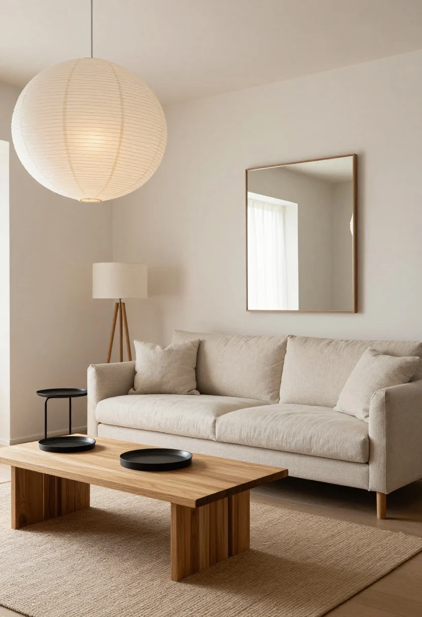 Wide, photorealistic Japandi living room with a low-profile armless linen-blend oatmeal sofa, a slatted oak bench used as a coffee table, thin black metal nesting tables, a large leaning wall mirror reflecting light, and a paper lantern pendant casting a gentle glow; warm minimal palette of soft whites, pale wood, and muted clay; flatweave rug underfoot; airy negative space and low sightlines; straight-on view with soft daylight.
