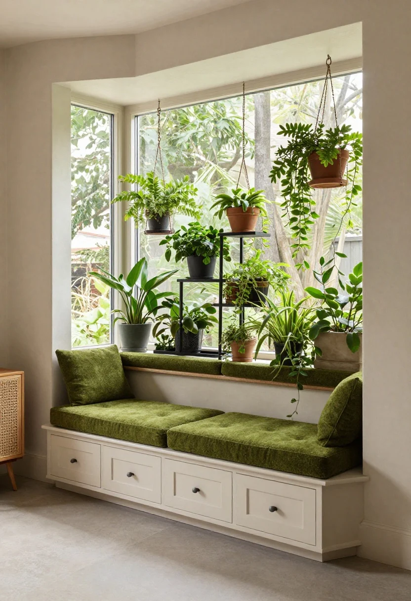 Wide shot of a botanical bay window focus: a built-in window bench with drawers, topped with moss-green cushions; opposite sits a compact two-seater bench sofa with an open back to preserve sightlines; a tiered plant stand and hanging planters create vertical greenery; a low cane-front sideboard tucked under the window line; fabrics in stone, sage, and cream; bright natural daylight celebrating the plants.
