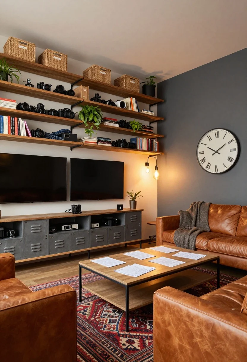 Wide shot of a warm industrial setup: along one wall, a pipe-and-wood shelving unit with staggered labeled baskets for cables and camera gear, interspersed with plants and hardcover books; below the TV, a vented metal locker console hides devices; center stage, a lift-top coffee table raised slightly, revealing paperwork storage; cognac leather sofa opposite a graphite accent wall; kilim rug adds pattern; Edison-style sconces cast warm, moody light; oversized wall clock and a textured throw finish the look.