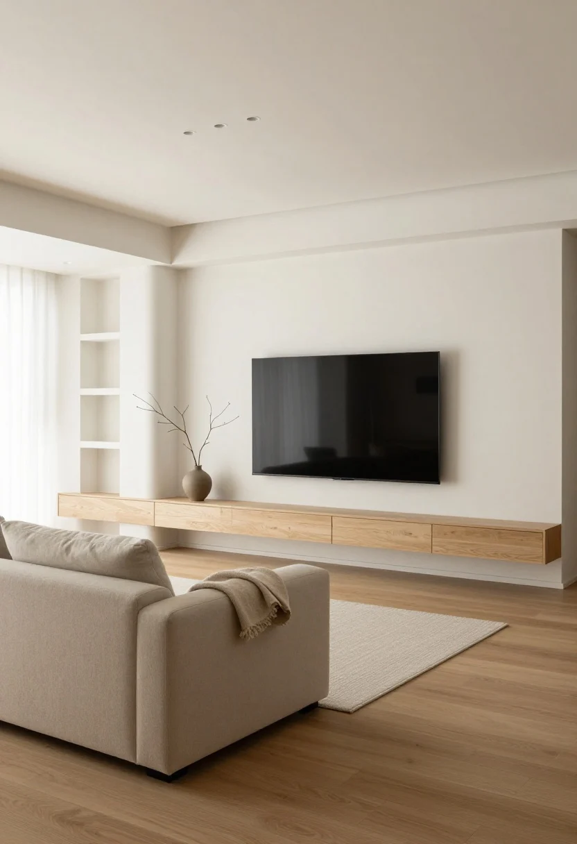 Wide, straight-on shot of a serene Japandi living room: pale oak floors, warm white walls, a low-profile oatmeal-textured sofa, and a floating media console spanning the wall with seamless push-latch doors and no visible hardware; a slimline shelf runs the length above with select concealed niche panels; a frame TV sits flush on a linen-look media panel; black accents are minimal; cord management is invisible; include a single sculptural branch in a matte ceramic vase, a wool throw on the sofa, and a nubby rug underfoot; soft, diffused daylight and a subtle slim LED picture light create a calm, chalky whites and sand-toned palette.