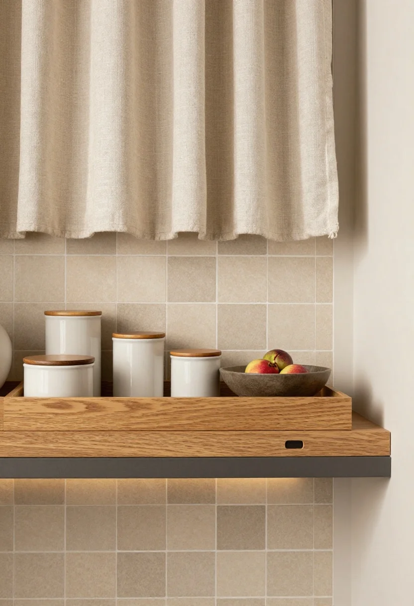 Detail closeup: Warm minimalist vignette showing beige/greige peel-and-stick tile backdrop, a warm wood tray neatly corralling essentials (ceramic canisters with wooden lids, a single sculptural bowl with fruit), linen-textured café curtain softly diffusing light in the background, and a slim plug-in LED under-cabinet bar creating a diffused glow over a calm sand/almond/oat palette; overhead-to-angled composition highlighting soft textures and a charcoal runner edge grounding the scene.