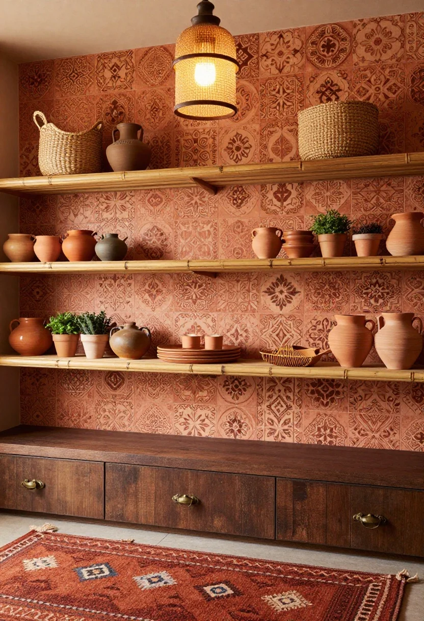 Detail/overhead hybrid: Earthy boho styling moment featuring a terracotta/Moroccan-pattern peel-and-stick backsplash as backdrop, a short run of open bamboo shelves displaying earthy ceramics, woven baskets, and small clay pots with herbs, a hint of a flatweave kilim runner in cinnamon and rust tones below, aged bronze hardware on a drawer edge, and the warm glow of a plug-in lantern pendant spilling into frame; warm, sunbaked palette with tactile textures, no people.