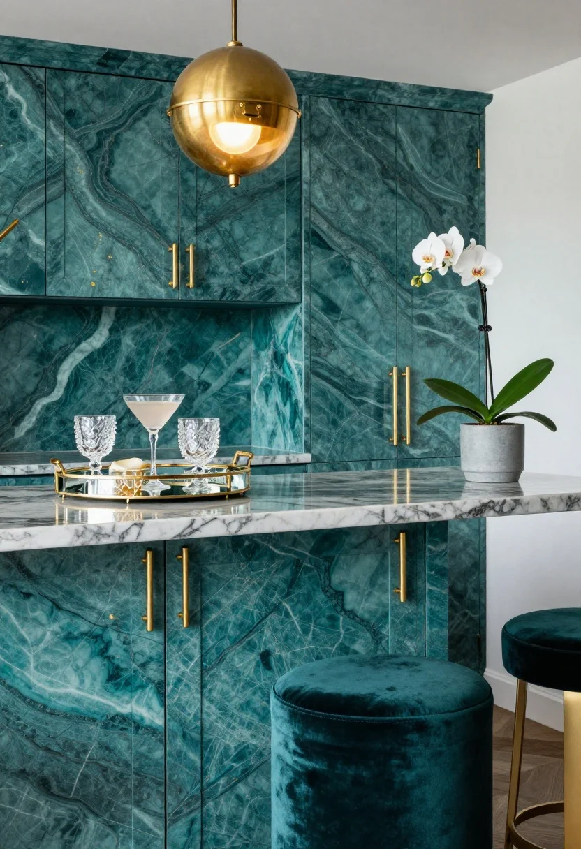 Medium shot: Jewel-box glam peninsula scene saturated in deep teal and emerald accents, marble-look peel-and-stick backsplash, cabinets fitted with gold bar pulls, a plush velvet-covered counter stool tucked under the counter, brass plug-in globe pendant glowing warmly above, a cocktail corner styled with a mirrored tray, jewel-toned glassware, and a small potted orchid; dramatic yet polished ambiance, shot from a corner angle to catch gold sparkle and marble veining.