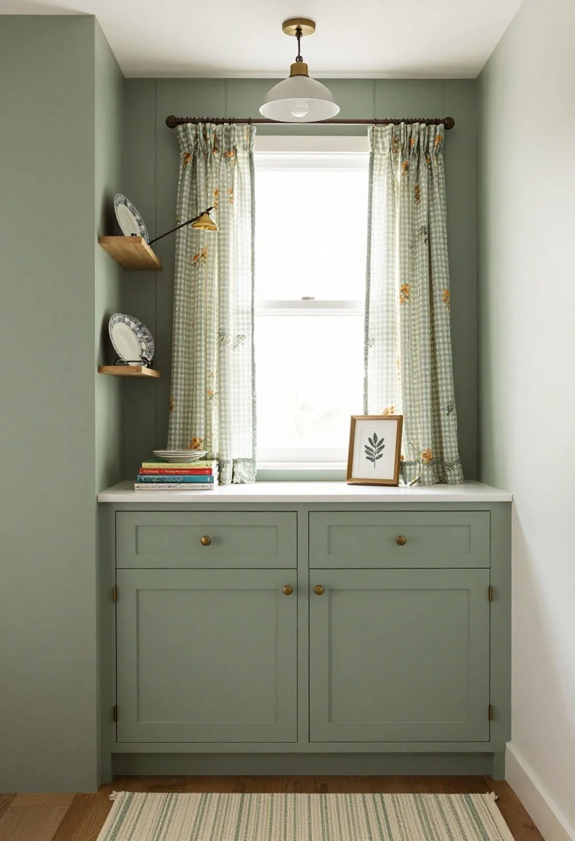 Medium shot: Modern cottage nook with peel-and-stick beadboard backsplash in sage green, floral/gingham café curtains at the window, open shelf styled with transferware plates and stacked cookbooks, a petite brass picture light over a small framed botanical, antique brass knobs on cabinets, and a cream-and-sage cotton runner on the floor; warm, cozy lighting from a plug-in schoolhouse pendant, captured from a slightly off-center straight-on angle.