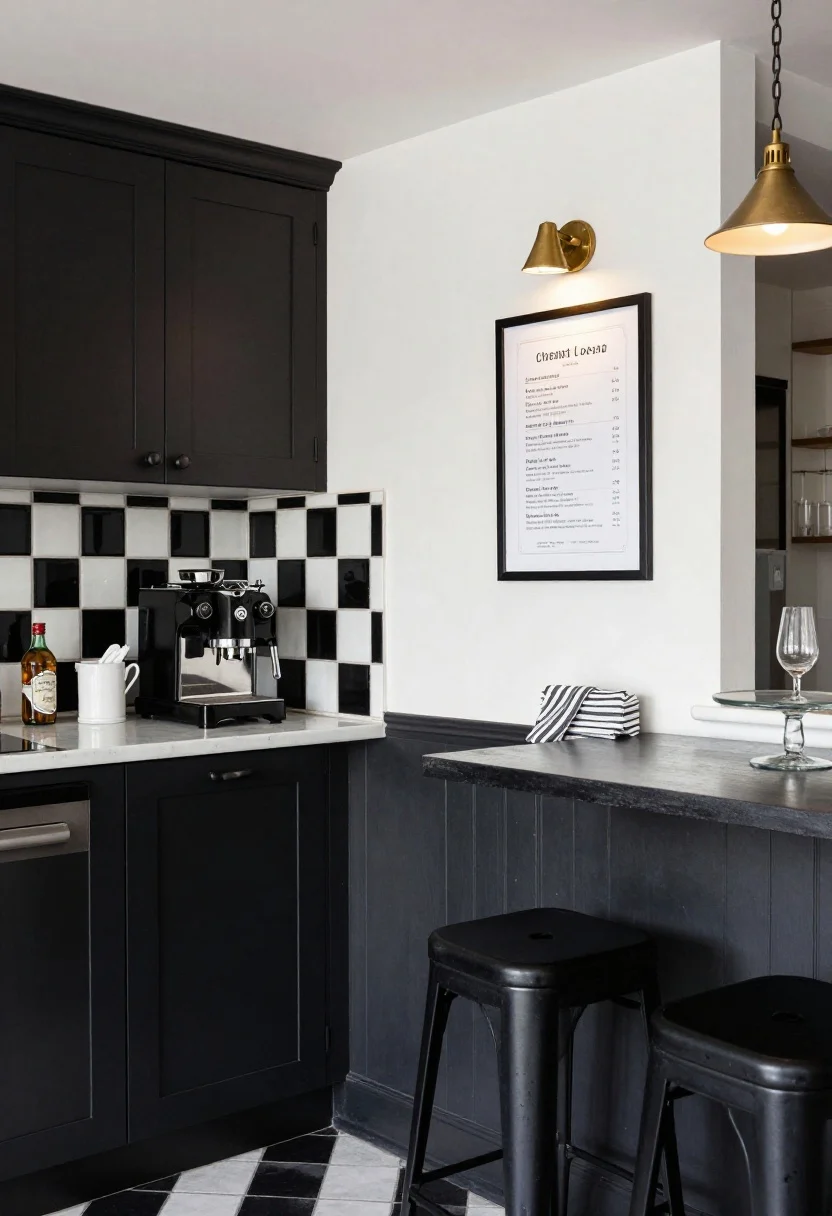 Medium shot: Urban bistro coffee corner in a rental kitchen with bold black-and-white palette, peel-and-stick checkerboard tile backsplash, matte black cabinet handles, aged brass plug-in sconce illuminating a compact coffee setup, small framed menu-print leaning against the wall, bistro-striped tea towel and napkins, glass cake stand, and a pair of compact counter-height stools with black metal legs partially in frame; moody, elegant lighting with subtle reflections, straight-on view.