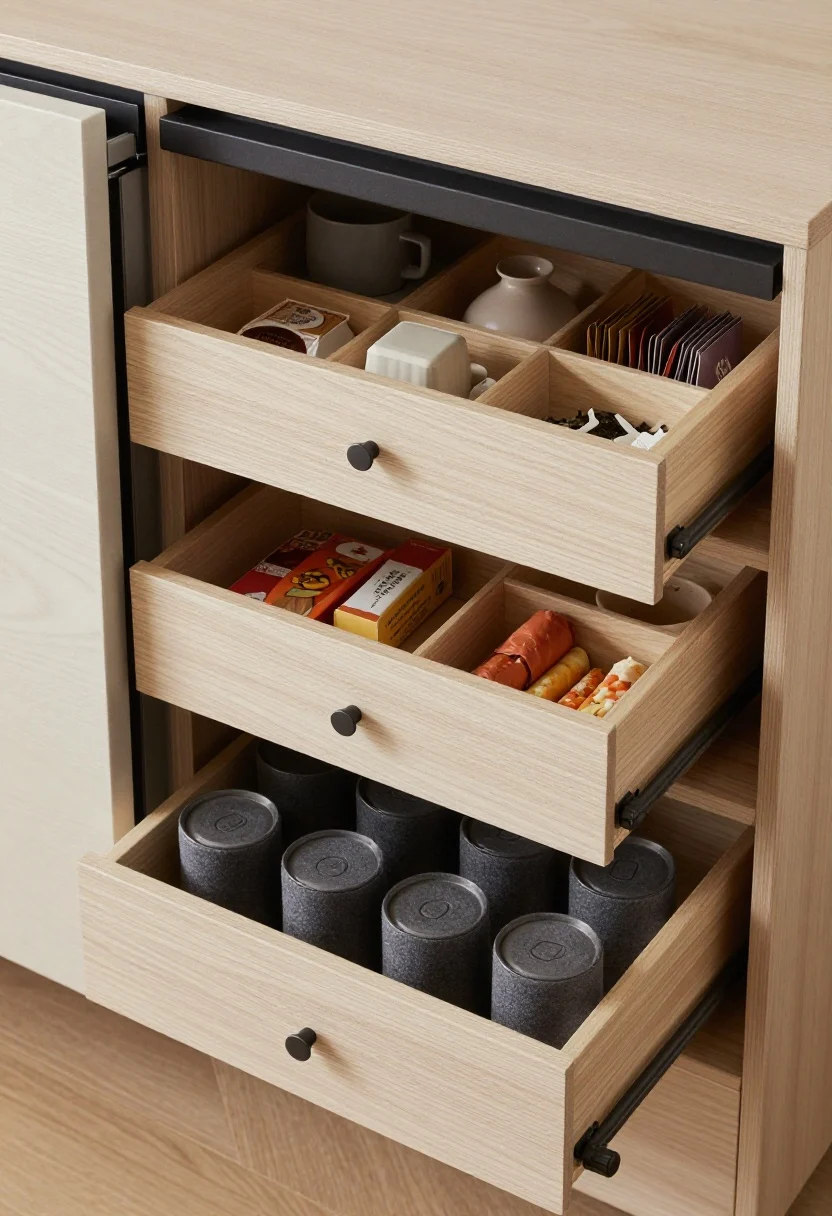 Photorealistic closeup detail of a Japandi drawer tower beside a fridge: light ash cabinet face with black finger-pull hardware, drawers partially open to reveal tiered wooden organizers. Top drawer shows neatly arranged teas and sachets, middle with snacks and wraps, deep bottom drawer with dividers for cans and bottles lined in charcoal felt. Colors: ash, charcoal, muted clay accents. Textures: smooth timber, felt, matte ceramic vessels. Overhead three-quarter angle to showcase organization and serene minimalism, with soft, even lighting.