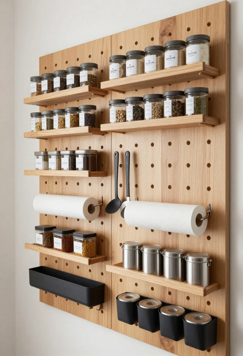 Photorealistic detail shot of a modern minimal pegboard pantry: full-height natural maple wood pegboard with moveable shelves, dowel pegs, and clip-on bins. Narrow shelves float with uniformly labeled jars and spices; lightweight scoops and measuring spoons hang on pegs; a slim rail holds a paper towel roll; a magnetic strip anchors metal-lidded tins. Colors: natural maple, soft white, black accents. Textures: smooth ply, matte metal, silicone. Clean overhead/eye-level hybrid angle focusing on negative space, crisp daylight for a gallery-clean look.