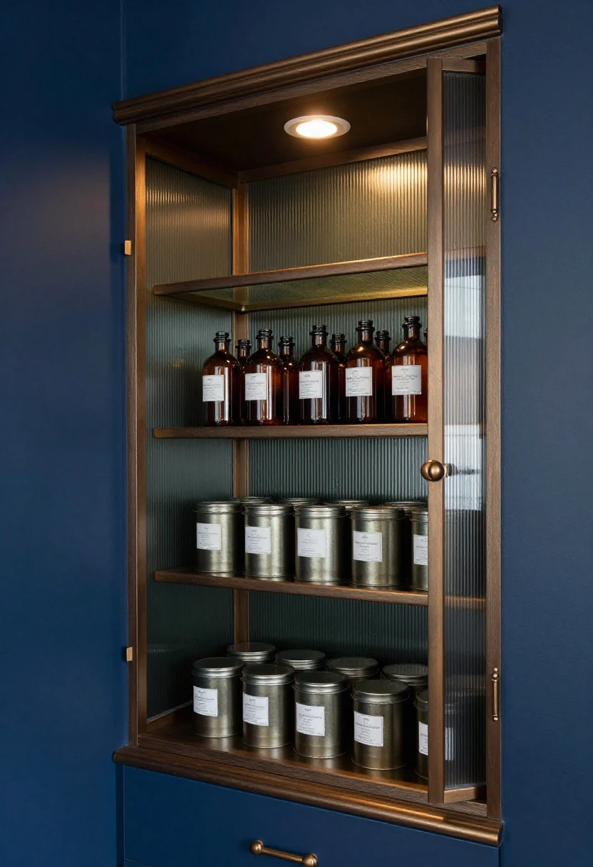 Photorealistic medium shot of a moody apothecary alcove pantry inside a shallow closet: deep inky blue walls with bronze library-style hardware, adjustable shelves backed by ribbed glass panels. Styled with dark amber glass bottles for bulk goods, stackable tin canisters for baking, and tiered can risers pulling forward. A motion-sensor puck light glows warmly, creating dramatic highlights on smoked glass and satin paint. Colors: ink, moss undertones, bronze. Textures: ribbed glass, metal tins, satin finish. Straight-on view to emphasize jewel-box luxury.