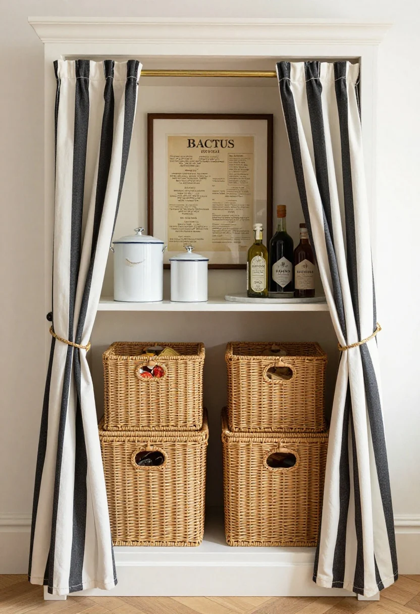Photorealistic medium shot of a Parisian cabinet pantry with a curtain front: shallow cabinet with creamy painted shelves concealed by a black-and-white striped cafe curtain on a brass tension rod. Inside, woven rattan bins for snacks, enameled canisters for flour and sugar, and a marble lazy Susan with oils and vinegars. Finish with a framed vintage menu print above. Colors: warm white, ink black, brass. Textures: rattan, enamel, marble, cotton. Soft, diffused daylight from the side; straight-on view highlighting the elegant bistro feel.