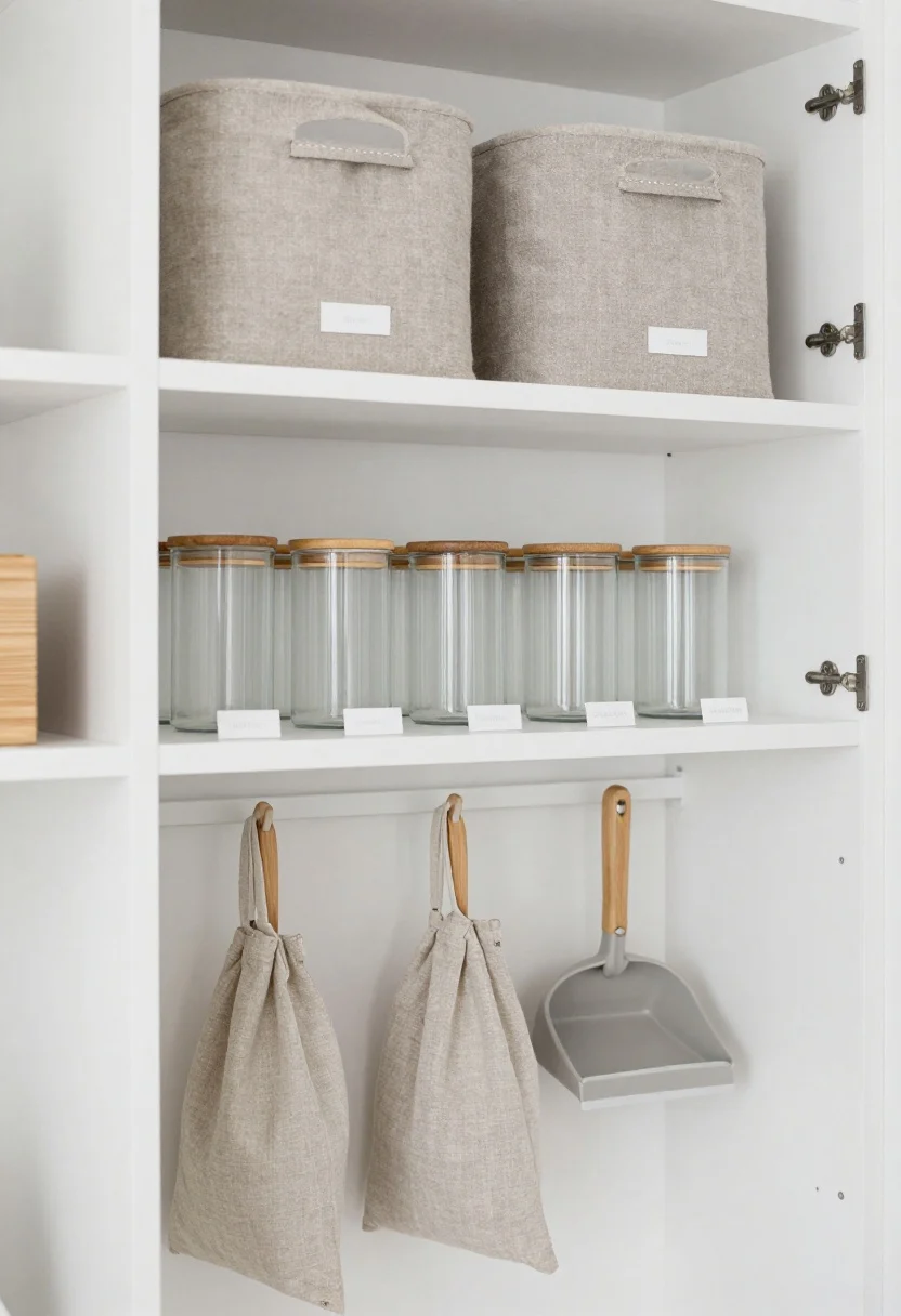 Photorealistic medium shot of a Scandinavian slimline niche pantry set into a narrow wall recess: matte white floating shelves stacked closely, blond oak accents, linen-textured baskets, and uniform glass canisters with bamboo lids lined across the middle shelf. Include slim spice risers showing labels, and a small hook rail beneath the lowest shelf holding linen produce bags and a mini dustpan. Color palette: white, pale oak, soft gray. Textures: unfinished wood, linen, frosted glass. Clean, minimal labels in matte white with simple typography. Soft natural daylight to keep the corner airy and visually receding; straight-on perspective for calm Nordic clarity.