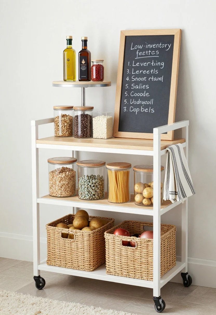 Photorealistic wide shot of a coastal rolling cart pantry tucked beside a range: slim white powder-coated frame with pale wood shelves and woven seagrass baskets. Top tier features a turntable with oils and everyday spices; middle holds lightweight acrylic canisters of grains and pasta; bottom has ventilated bins for potatoes and onions. A mini chalkboard clip lists low-inventory items, and a striped tea towel drapes over the handle. Colors: cloud white, sand, sea glass. Textures: seagrass, light wood, acrylic, chalkboard. Bright, beachy natural light; slight corner perspective for portability and ease.
