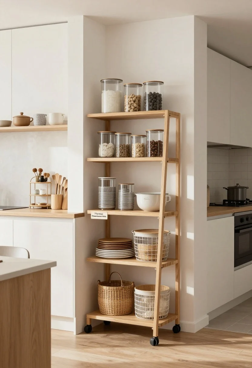 Photorealistic wide shot of a tiny apartment kitchen corner showcasing the overall “Tiny Pantry Organization Ideas” essence as a cohesive vignette: a compact layout combining renter-friendly upgrades like a rolling cart and leaning ladder shelf nearby, soft strip lighting under a shelf, and clearly zoned storage (heavy low, daily-use mid, light high). Include stackable clear canisters, wire and woven bins, a turntable, tiered risers, and discreet labels. Neutral palette with repeated materials for calm: whites, light woods, matte black accents. Bright, natural light with balanced shadows; corner perspective to maximize the sense of space.