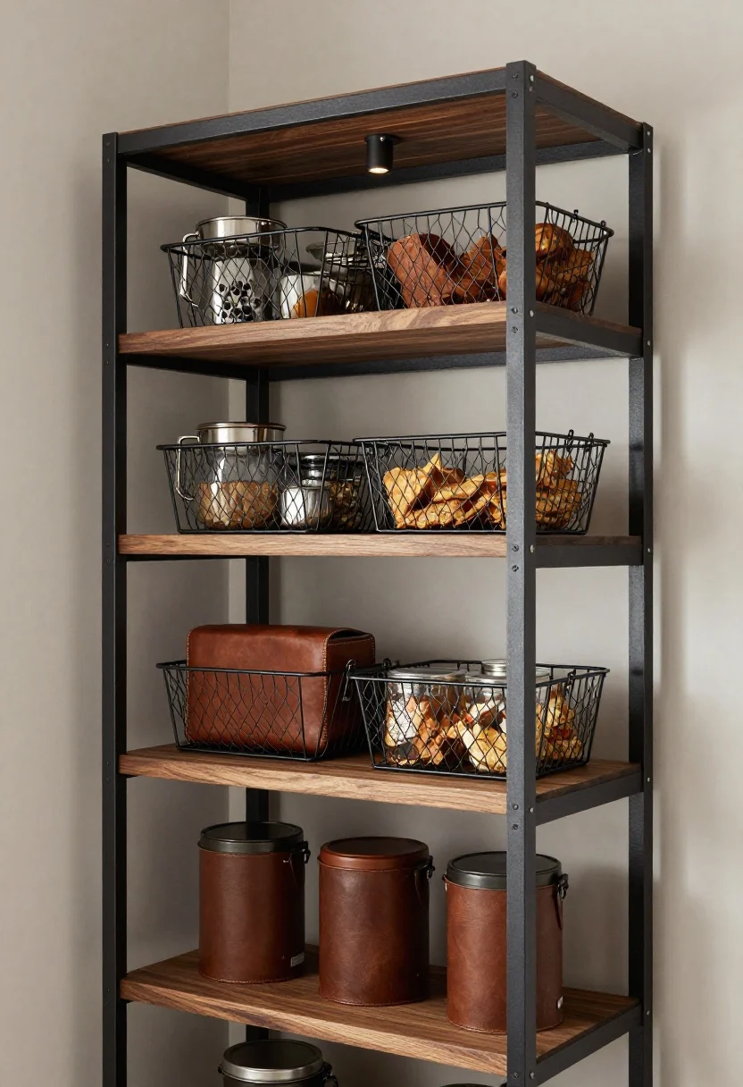 Photorealistic wide shot of an industrial ladder pantry wall on a blank wall: a black steel ladder shelving unit with warm walnut shelves and wire baskets. Grouping by use: coffee gear and snacks at chest height, baking items mid-level, heavy cans on the bottom rung. Magnetic label clips on wire baskets. Add a small task sconce overhead casting moody, directional light with subtle shadows on powder-coated metal and grainy wood. Colors: charcoal, walnut, tobacco leather accents. Textures: powder-coated metal, wire mesh, rich wood grain. Slight corner angle to emphasize height and loft vibe.