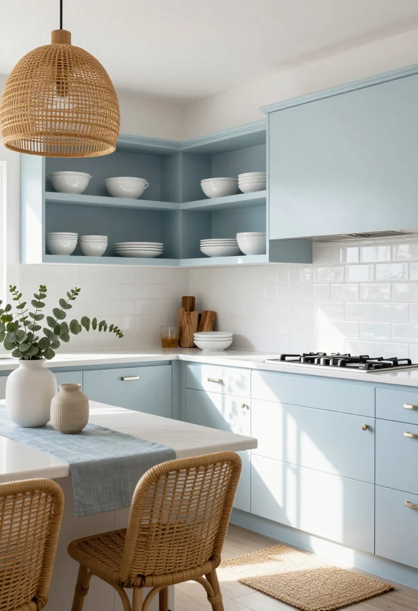 Wide shot: A bright, coastal-inspired rental kitchen with glossy white peel-and-stick subway tile backsplash, soft sea-glass blue and crisp white palette, white dishware neatly stacked on open shelves, brushed nickel cabinet pulls, rattan barstools at a small island, driftwood and ceramic vases with eucalyptus on the counter, a pale blue runner and a woven jute mat by the sink, and a plug-in rattan pendant casting gentle sunlit glow; shot from a corner angle with natural daylight reflecting off glossy surfaces, no people.