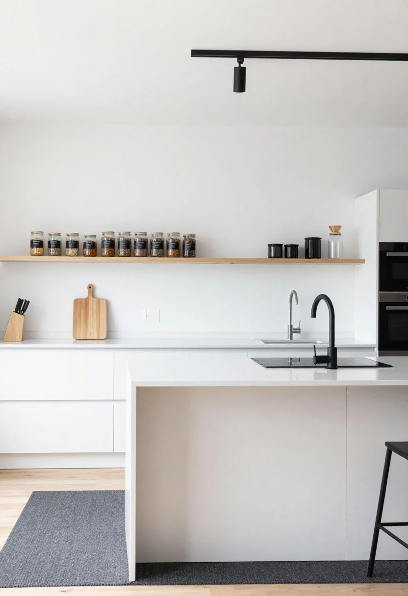 Wide shot: Sleek Scandi rental kitchen with crisp contrast—white walls and white quartz-look contact paper counters, a slim blond wood open shelf with a knife block and a light wood cutting board leaned as art, peel-and-stick light oak wrap on the island base, matte black faucet and cabinet pulls, a slim black track-style plug-in light overhead, clutter contained in stackable glass jars with black labels on the counter, and a minimalist gray/black runner; clean daylight, photographed straight-on for graphic simplicity.